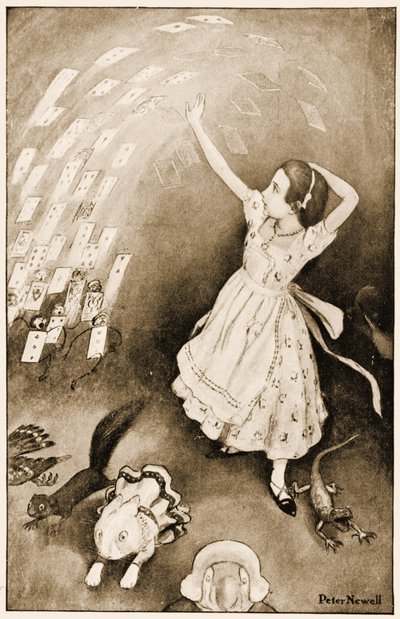 A questo, tutto il mazzo si alzò in aria, illustrazione per Le avventure di Alice nel Paese delle Meraviglie di Lewis Carroll, 1901 da Peter Newell